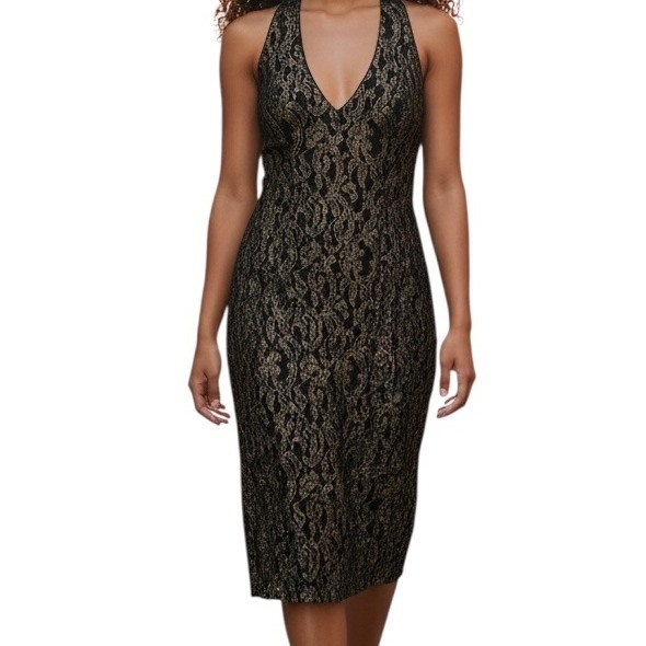 Cache Gold Black Metallic Lace Halter Cocktail Dress Keyhole Back Euc Size 10